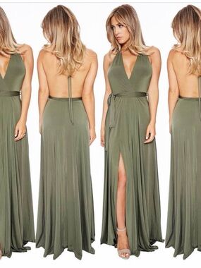 Naked Wardrobe Olive Green Halter V-Neck Maxi Dress with Front Slit
